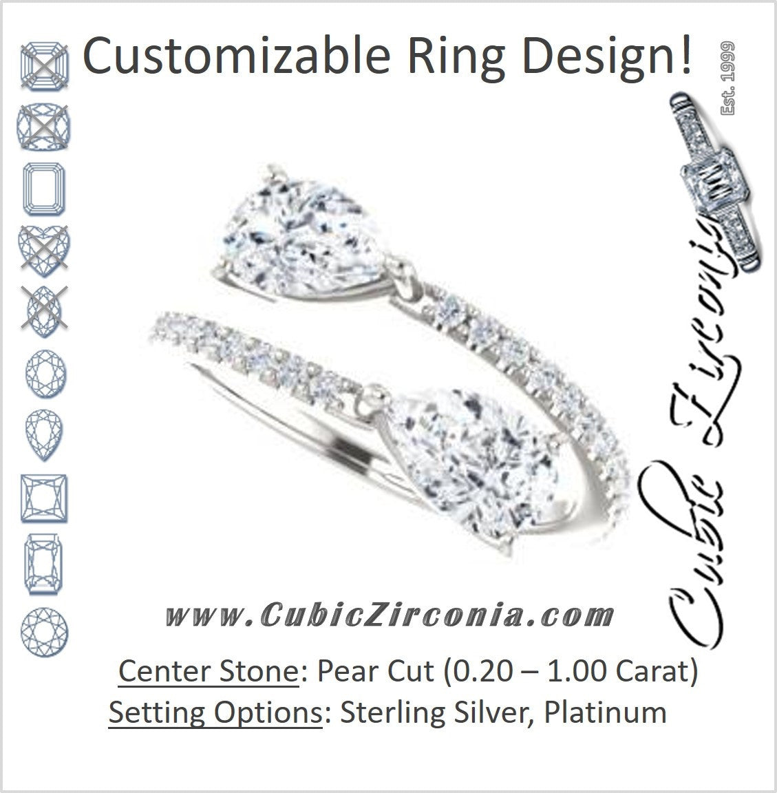 Cubic Zirconia Engagement Ring- The Anniston (Customizable 2-stone Pear Cut Design Enhanced by Artisan Split-Pavé Band)