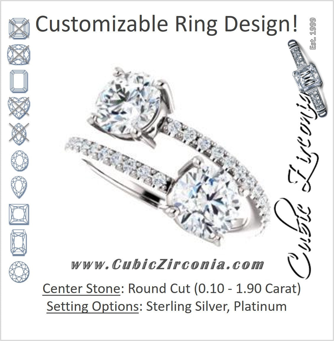 Cubic Zirconia Engagement Ring- The Anniston (Customizable 2-stone Round Cut Design Enhanced by Artisan Split-Pavé Band)