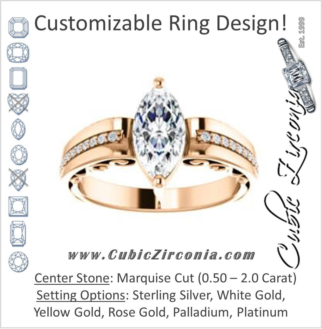 Cubic Zirconia Engagement Ring- The Atia (Customizable Marquise Cut Design with Three-sided Channel Pavé Band)