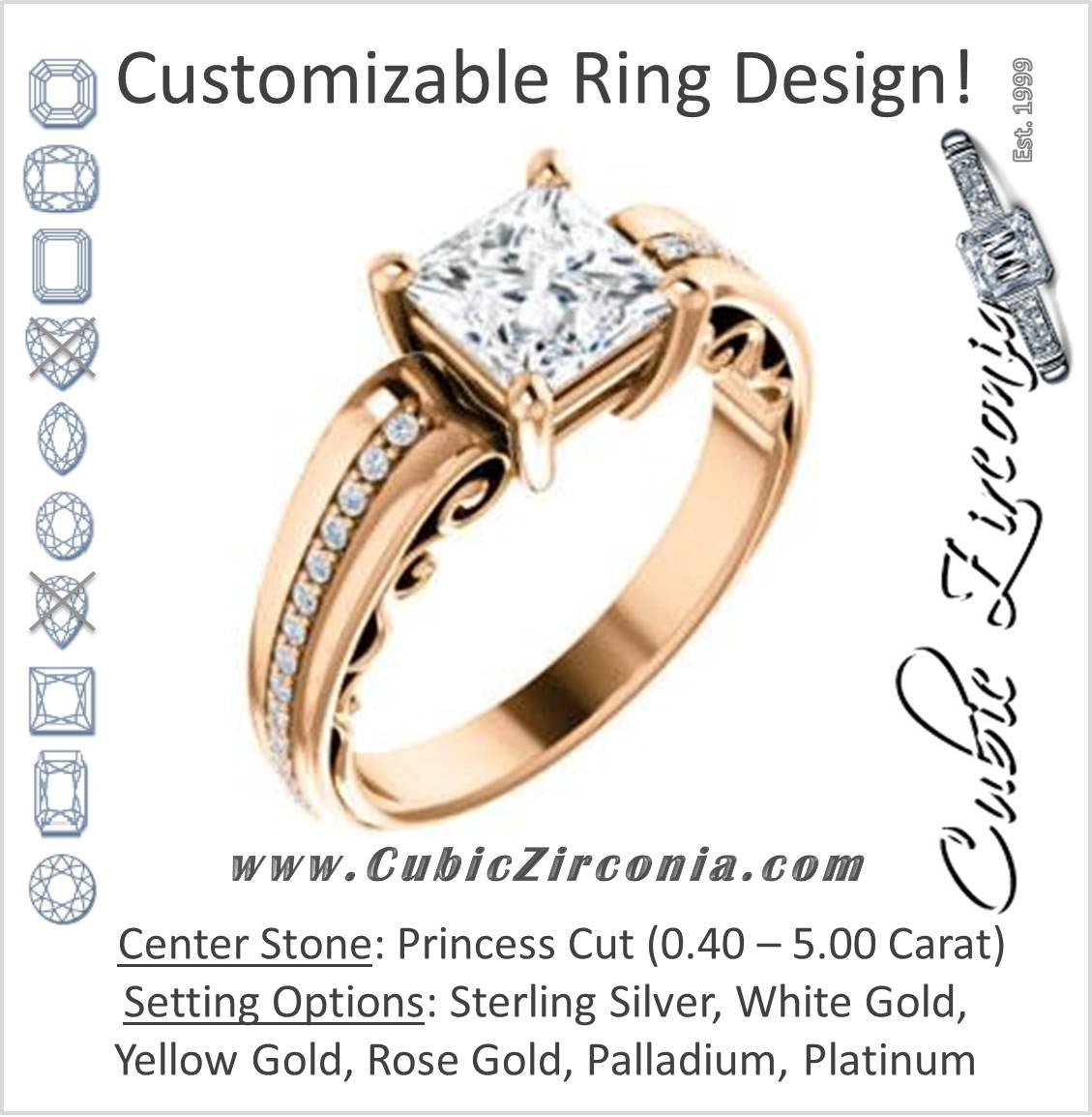 Cubic Zirconia Engagement Ring- The Atia (Customizable Princess Cut Design with Three-sided Channel Pavé Band)
