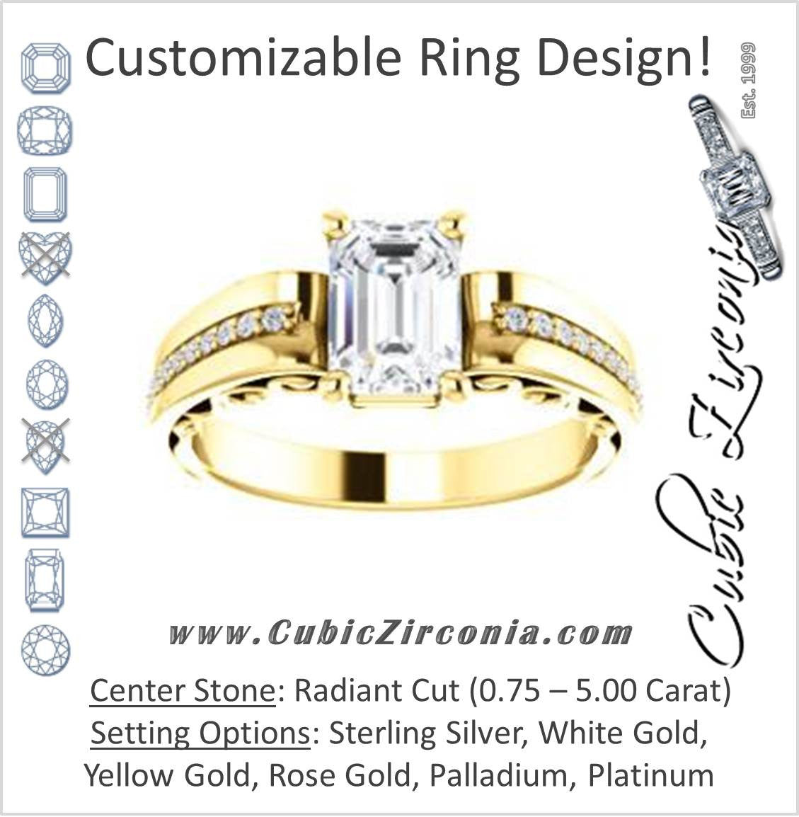 Cubic Zirconia Engagement Ring- The Atia (Customizable Radiant Cut Design with Three-sided Channel Pavé Band)