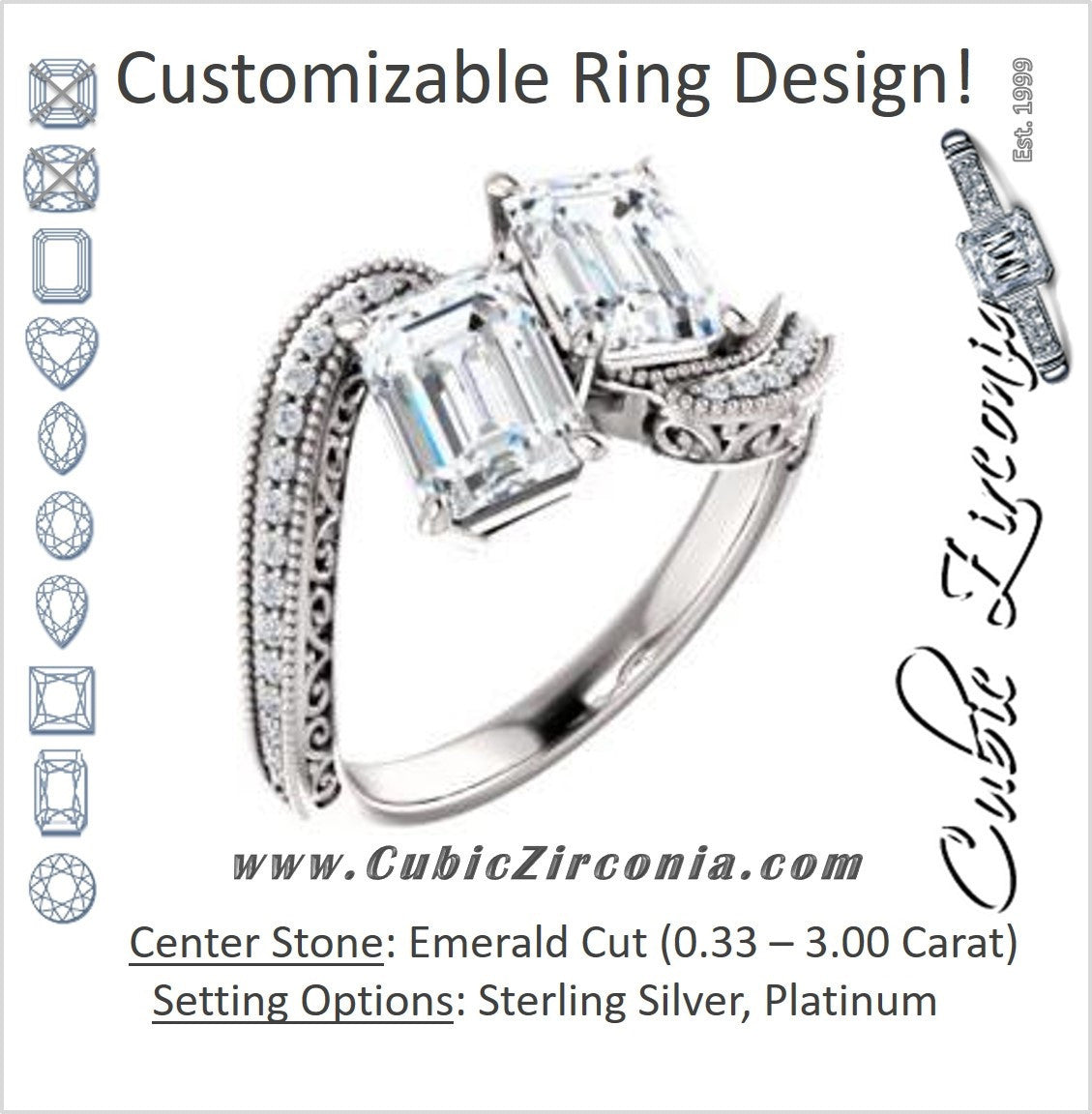 Cubic Zirconia Engagement Ring- The Aylen (Customizable Enhanced 2-stone Emerald Cut Artisan Design with 3-sided Filigree and Pavé Band)