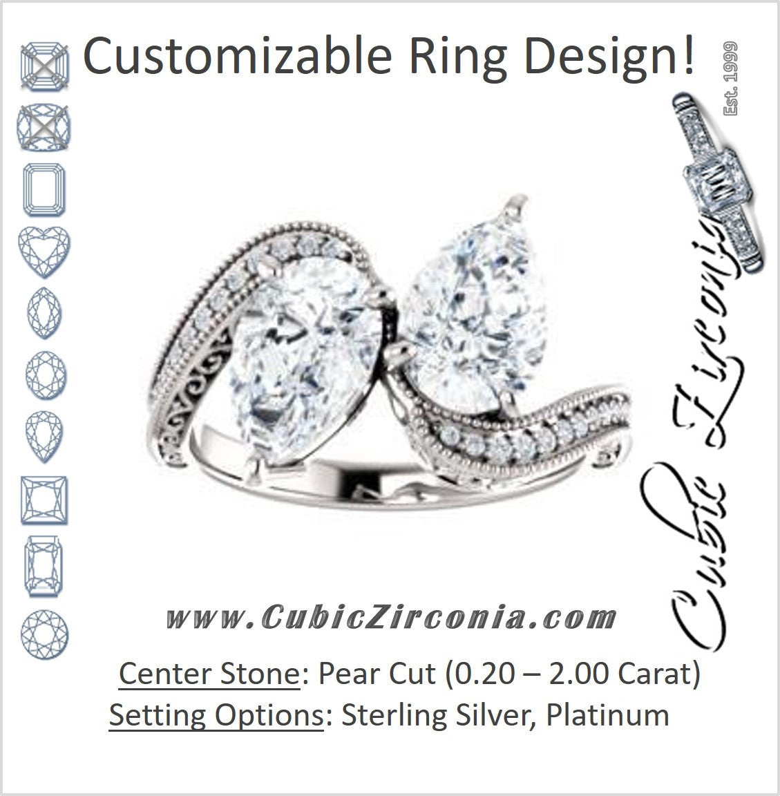 Cubic Zirconia Engagement Ring- The Aylen (Customizable Enhanced 2-stone Pear Cut Artisan Design with 3-sided Filigree and Pavé Band)