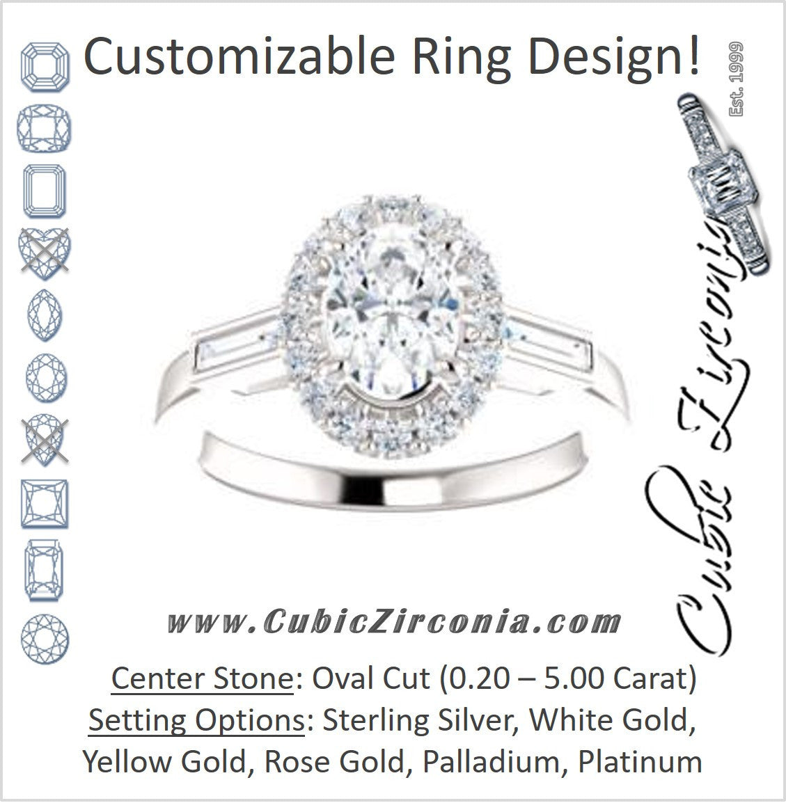 Cubic Zirconia Engagement Ring- The Azariah (Customizable Cathedral Oval Cut Design with Halo and Straight Baguettes)