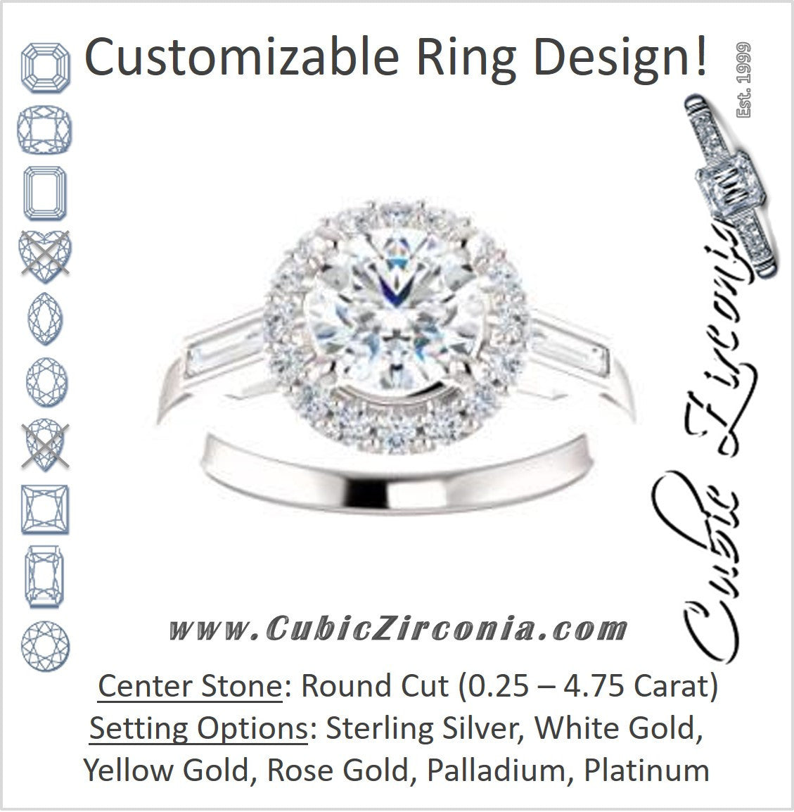 Cubic Zirconia Engagement Ring- The Azariah (Customizable Cathedral Round Cut Design with Halo and Straight Baguettes)