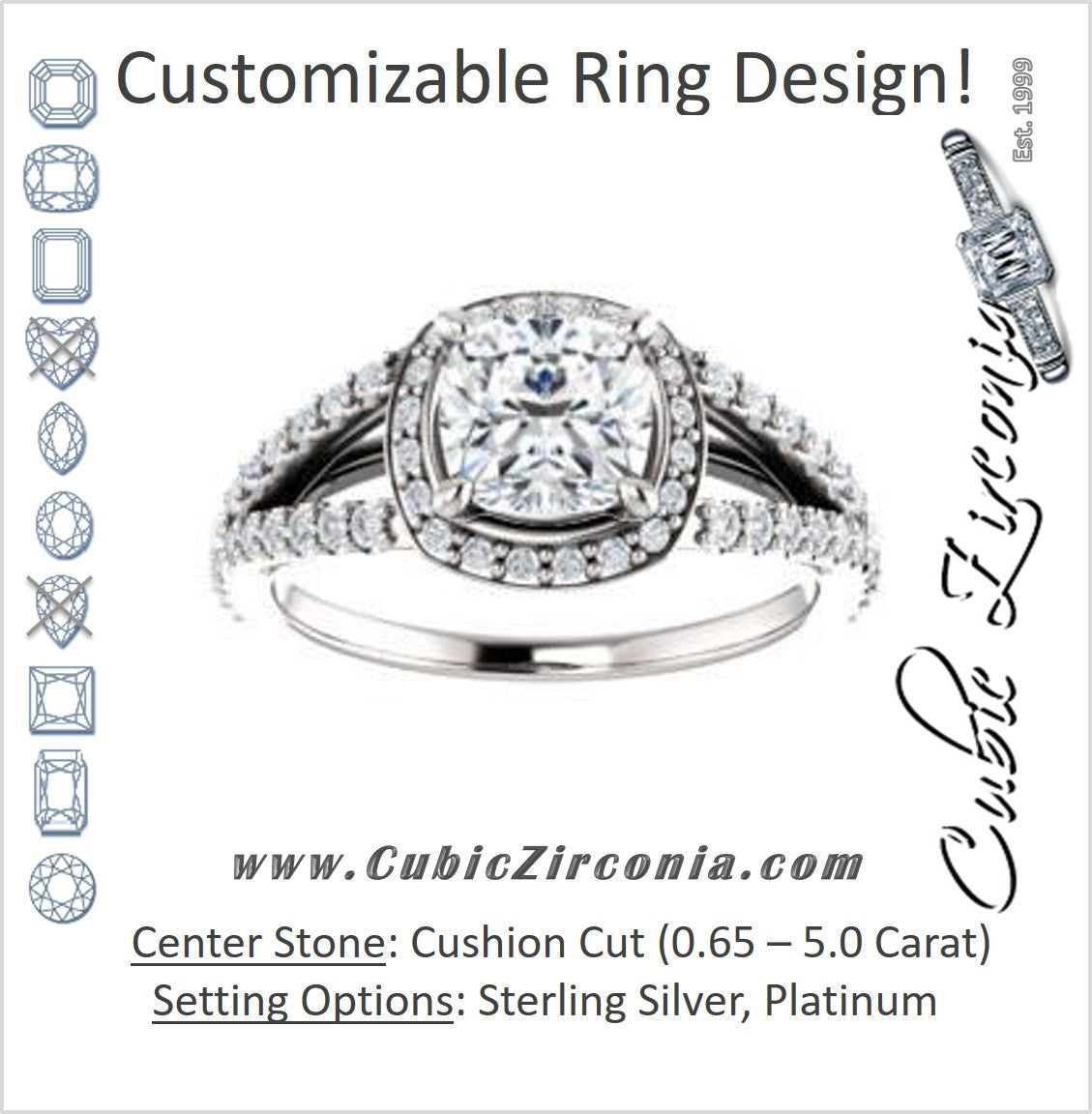 Cubic Zirconia Engagement Ring- The Azul (Customizable Cushion Cut Style with Cathedral-Halo and Split-Pavé Band)