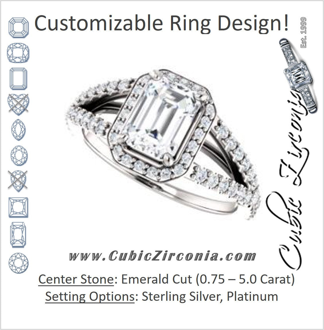 Cubic Zirconia Engagement Ring- The Azul (Customizable Emerald Cut Style with Cathedral-Halo and Split-Pavé Band)