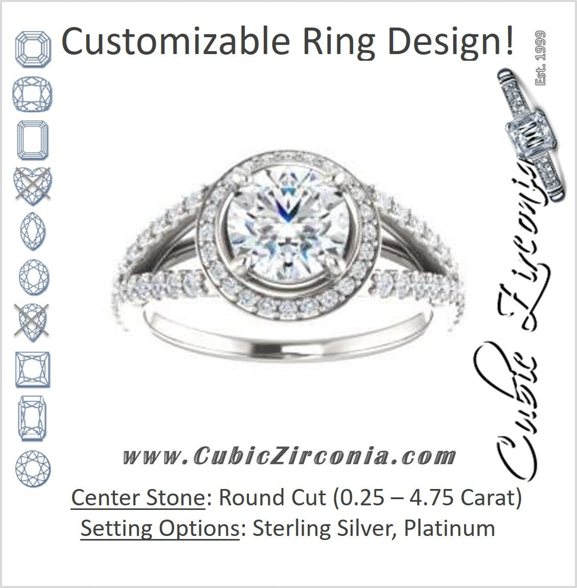 Cubic Zirconia Engagement Ring- The Azul (Customizable Round Cut Style with Cathedral-Halo and Split-Pavé Band)