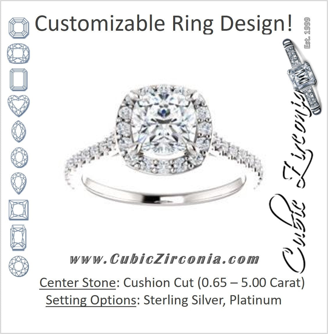 Cubic Zirconia Engagement Ring- The Bailey (Customizable Cathedral-set Cushion Cut Design with Halo, Thin Pavé Band and Floating Peekaboo)