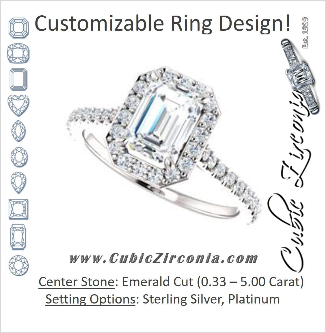 Cubic Zirconia Engagement Ring- The Bailey (Customizable Cathedral-set Emerald Cut Design with Halo, Thin Pavé Band and Floating Peekaboo)