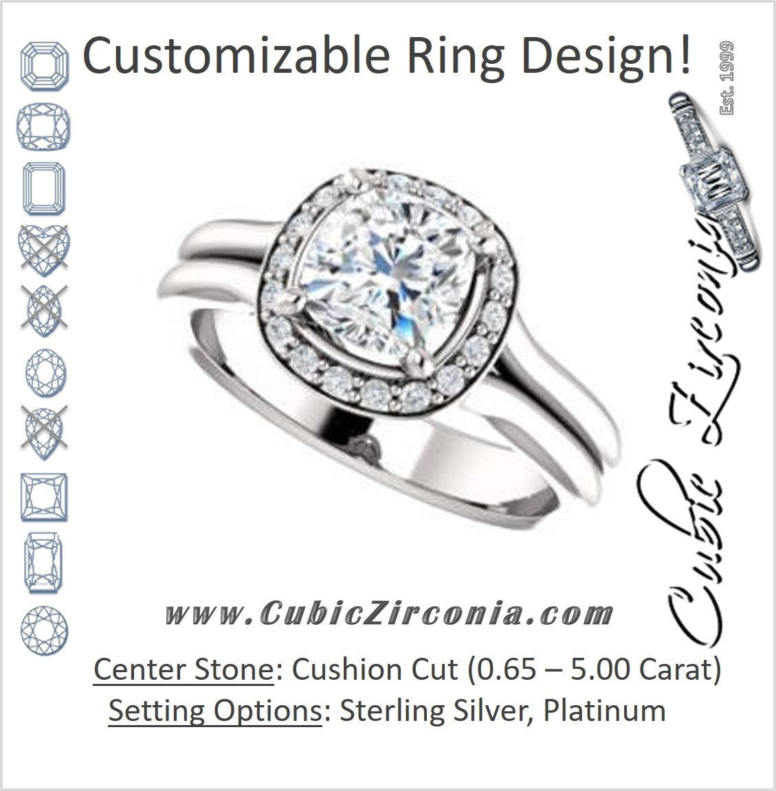 Cubic Zirconia Engagement Ring- The Bebi (Customizable Cathedral-Halo Cushion Cut Design with Wide Split Band)