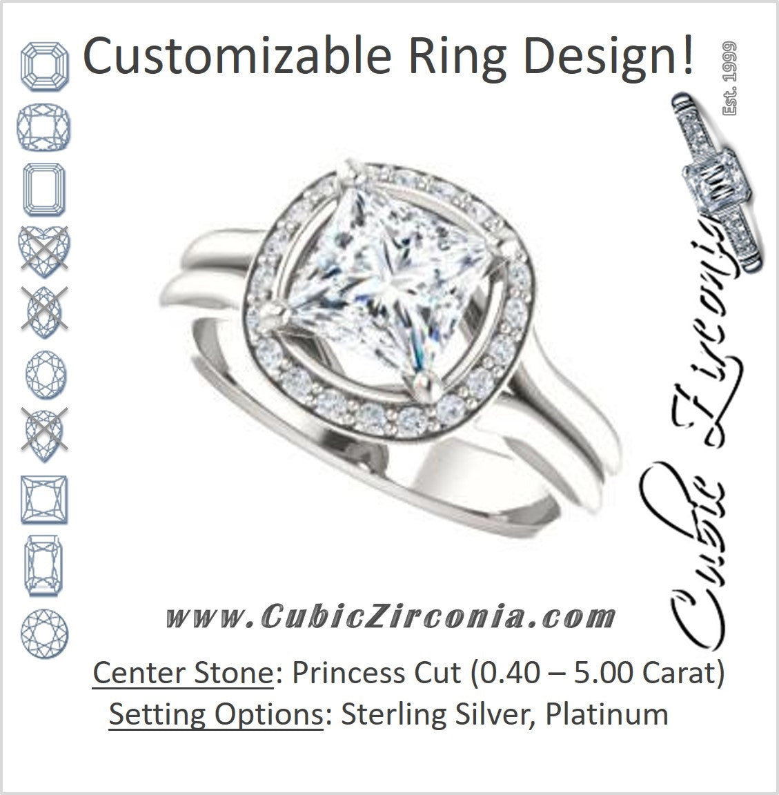 Cubic Zirconia Engagement Ring- The Bebi (Customizable Cathedral-Halo Princess Cut Design with Wide Split Band)