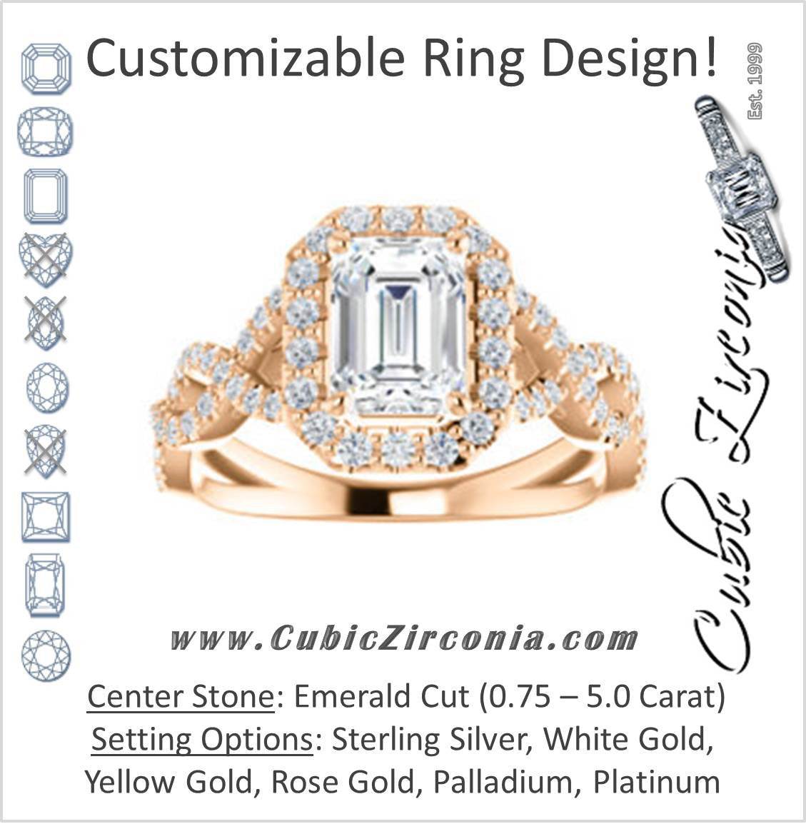 Cubic Zirconia Engagement Ring- The Benita (Customizable Emerald Cut with Infinity Split-band Pavé and Halo)