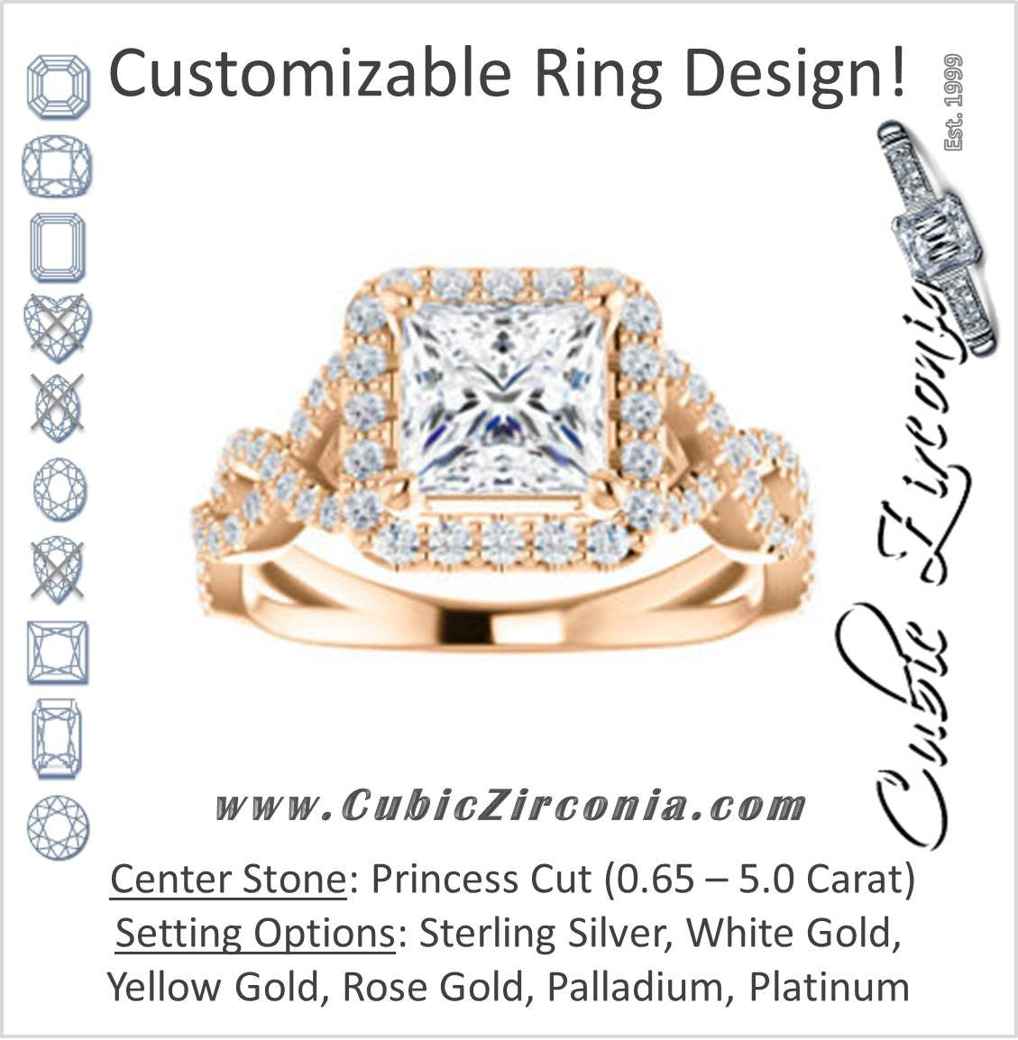 Cubic Zirconia Engagement Ring- The Benita (Customizable Princess Cut with Infinity Split-band Pavé and Halo)
