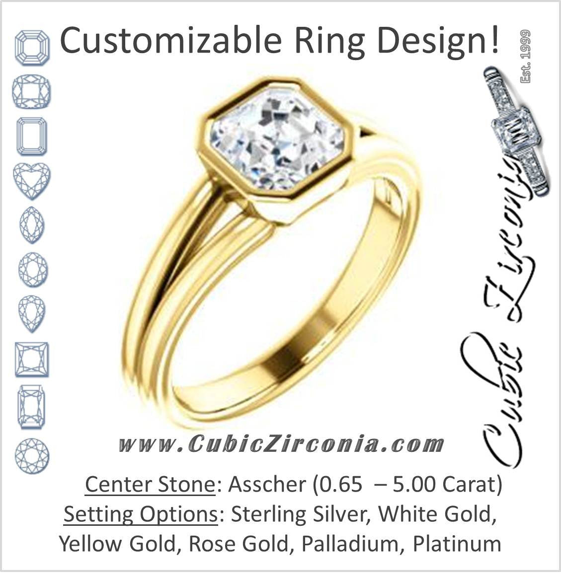 Cubic Zirconia Engagement Ring- The Bernadine (Customizable Bezel-set Asscher Cut with V-Split Band)