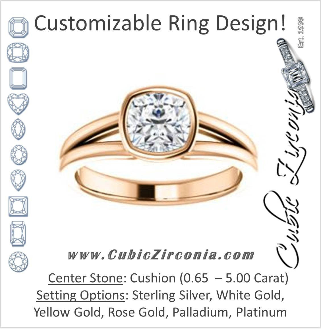 Cubic Zirconia Engagement Ring- The Bernadine (Customizable Bezel-set Cushion Cut with V-Split Band)