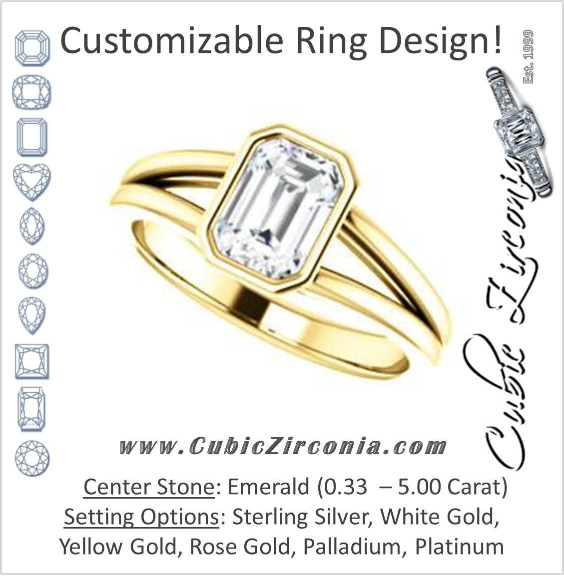 Cubic Zirconia Engagement Ring- The Bernadine (Customizable Bezel-set Emerald Cut with V-Split Band)