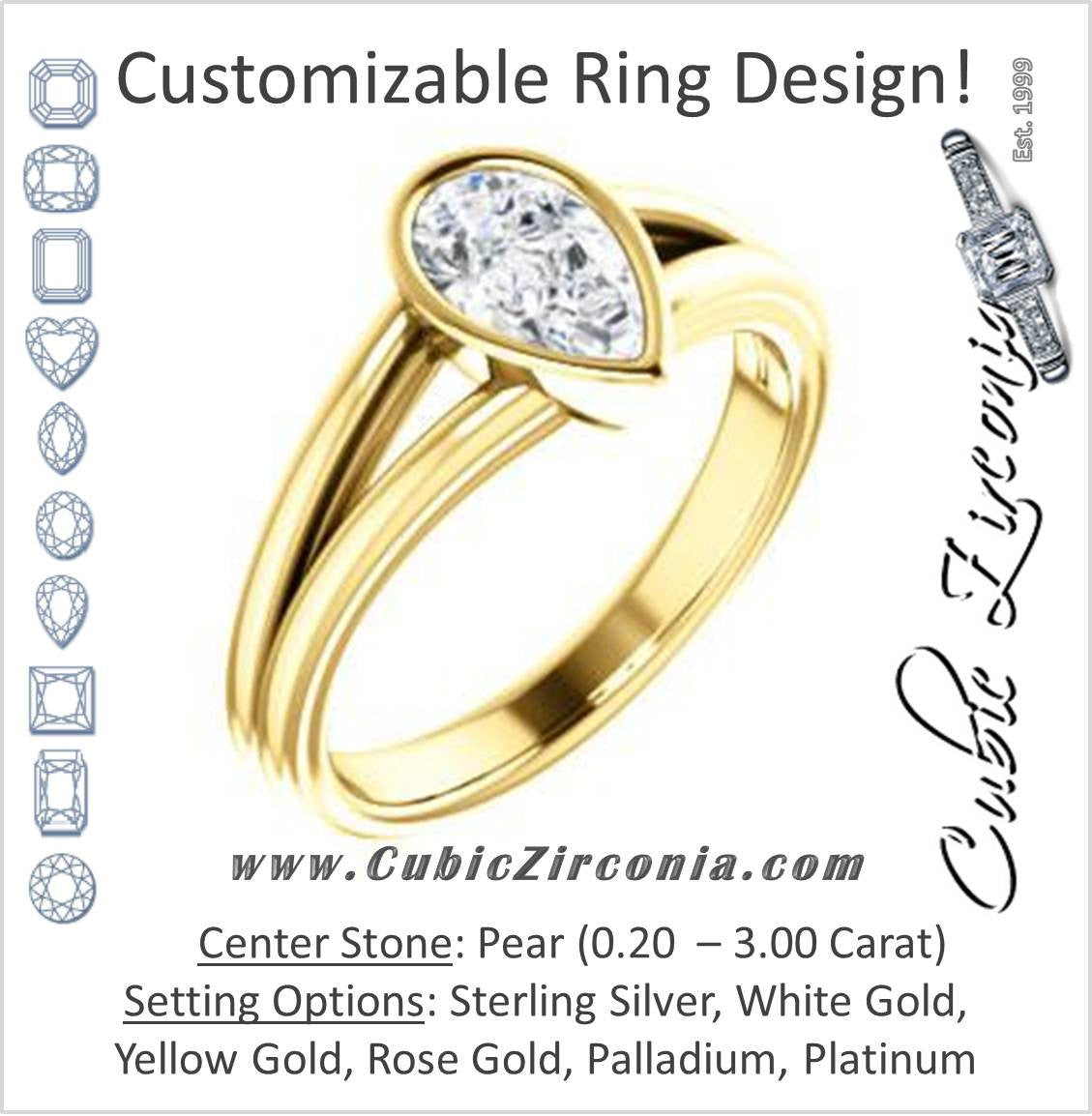 Cubic Zirconia Engagement Ring- The Bernadine (Customizable Bezel-set Pear Cut with V-Split Band)