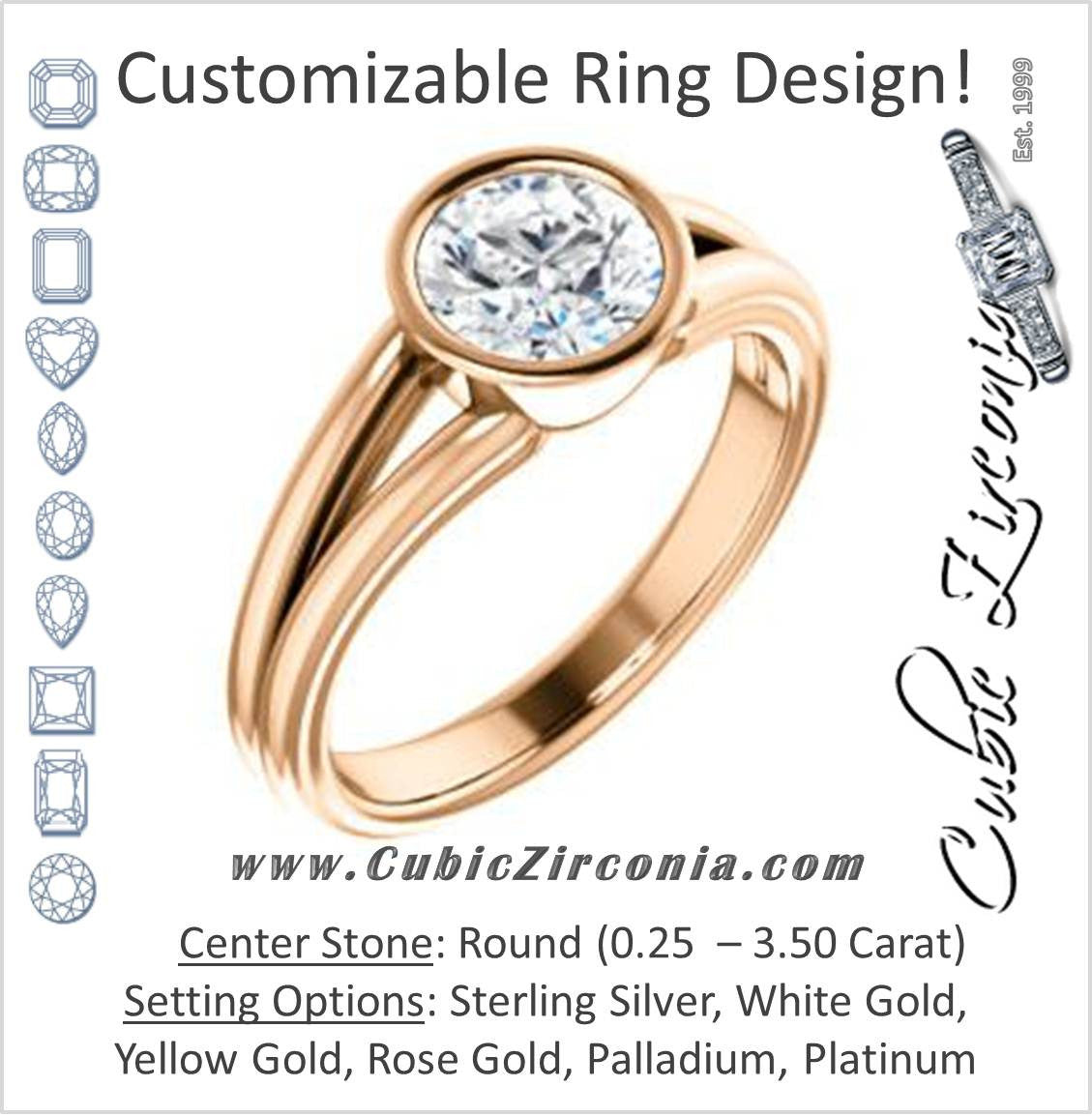 Cubic Zirconia Engagement Ring- The Bernadine (Customizable Bezel-set Round Cut with V-Split Band)