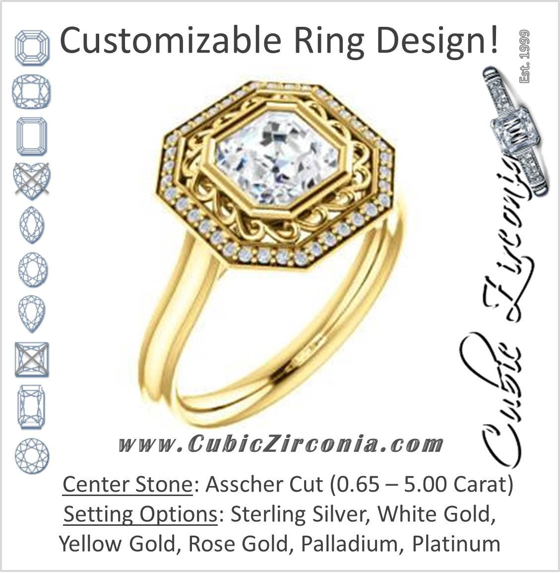 Cubic Zirconia Engagement Ring- The Bessie (Customizable Cathedral-Bezel Asscher Cut Design with Flowery Filigree and Halo)