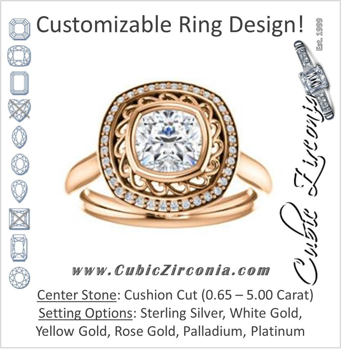 Cubic Zirconia Engagement Ring- The Bessie (Customizable Cathedral-Bezel Cushion Cut Design with Flowery Filigree and Halo)