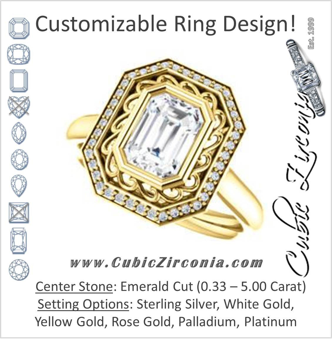 Cubic Zirconia Engagement Ring- The Bessie (Customizable Cathedral-Bezel Emerald Cut Design with Flowery Filigree and Halo)