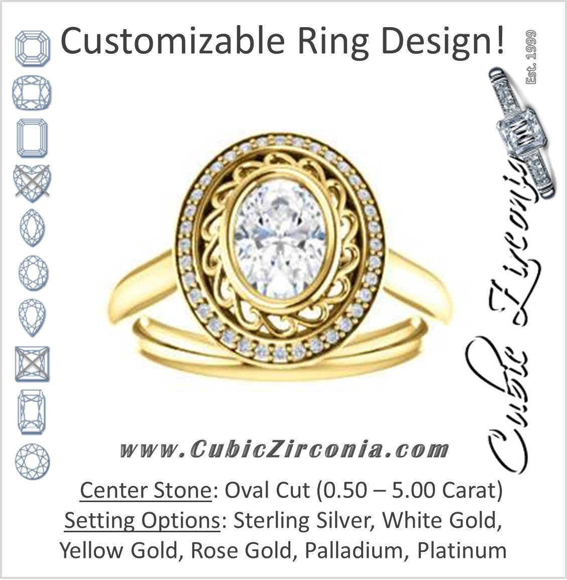 Cubic Zirconia Engagement Ring- The Bessie (Customizable Cathedral-Bezel Oval Cut Design with Flowery Filigree and Halo)