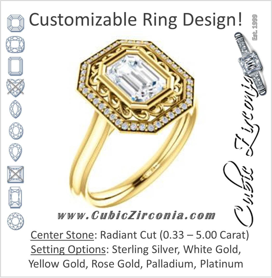 Cubic Zirconia Engagement Ring- The Bessie (Customizable Cathedral-Bezel Radiant Cut Design with Flowery Filigree and Halo)