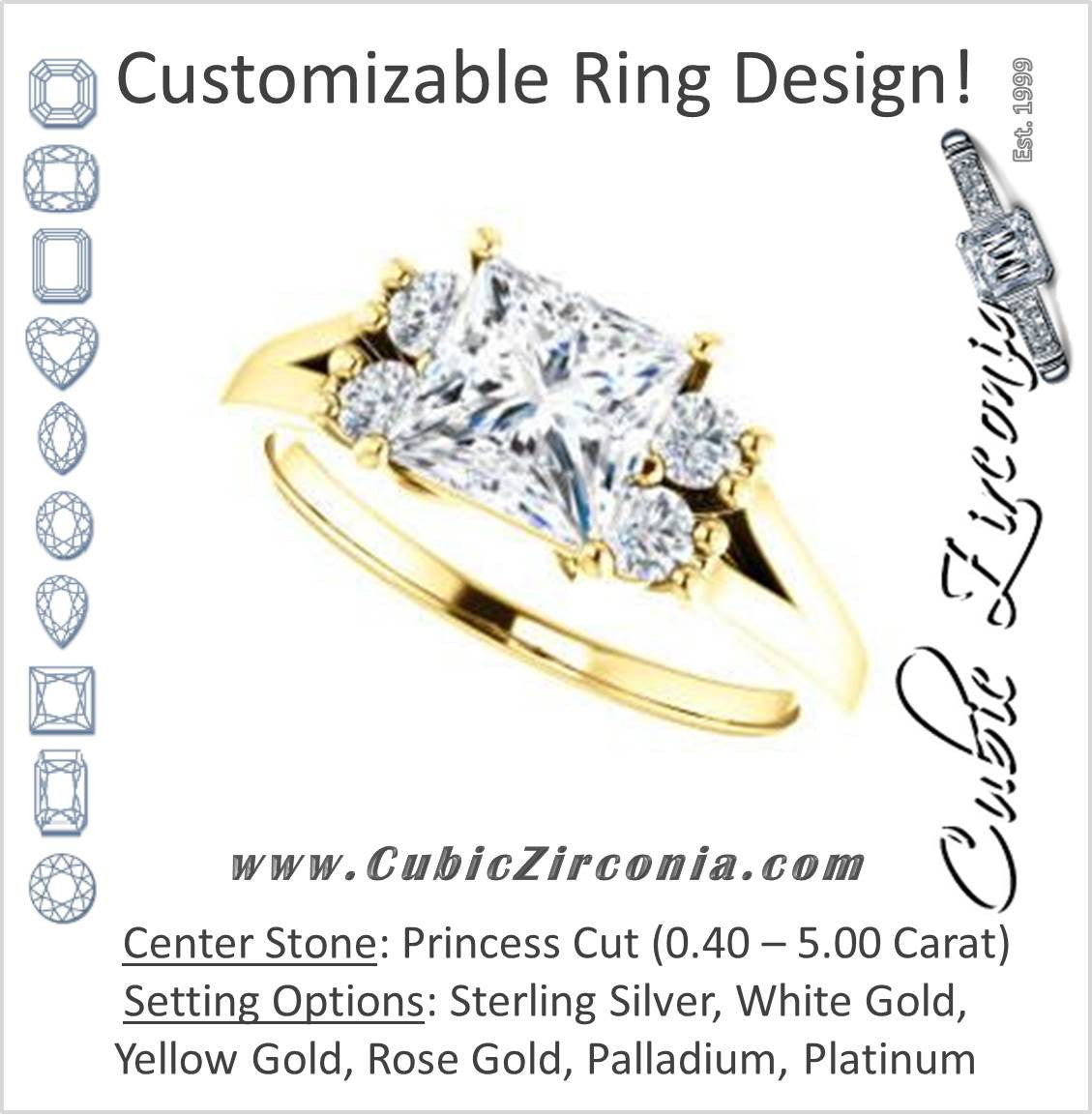 Cubic Zirconia Engagement Ring- The Bianca (Customizable 5-stone Cluster Style with Princess Cut Center)