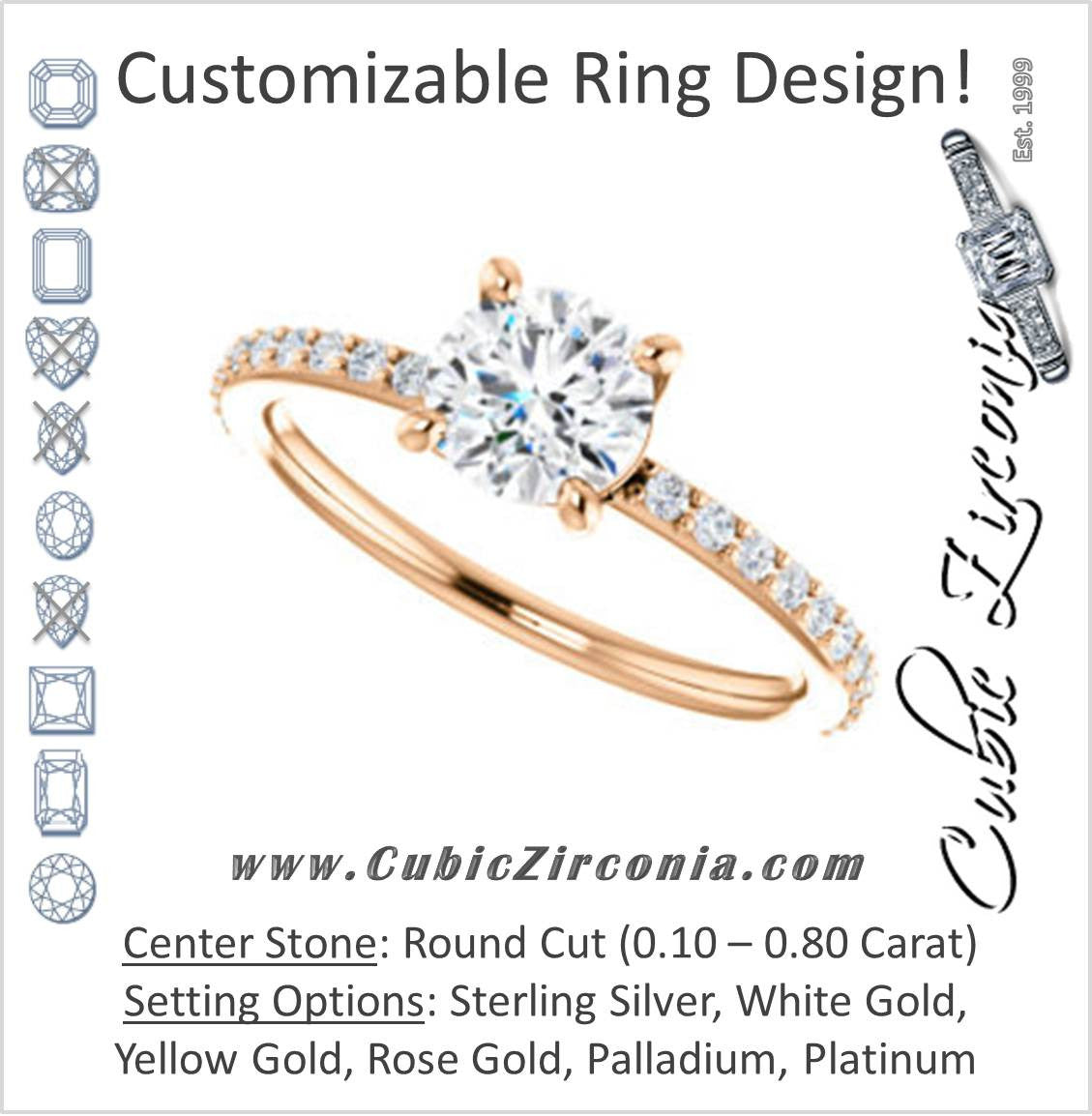 Cubic Zirconia Engagement Ring- The Blaire (Customizable Round Cut with Petite Pavé Band)