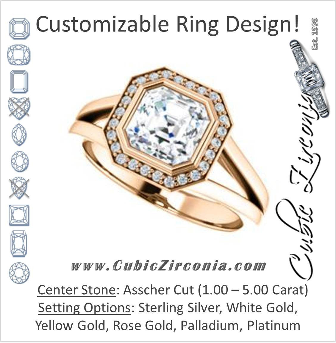 Cubic Zirconia Engagement Ring- The Blondie (Customizable Bezel-set Cathedral-style Asscher Cut with Halo Style and V-Split Band)