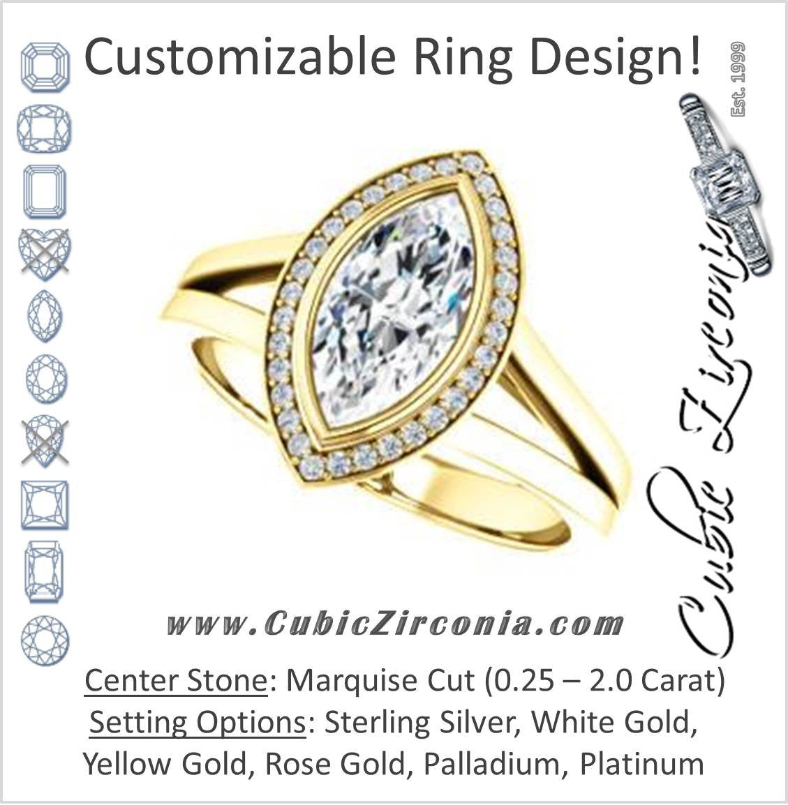 Cubic Zirconia Engagement Ring- The Blondie (Customizable Bezel-set Cathedral-style Marquise Cut with Halo Style and V-Split Band)