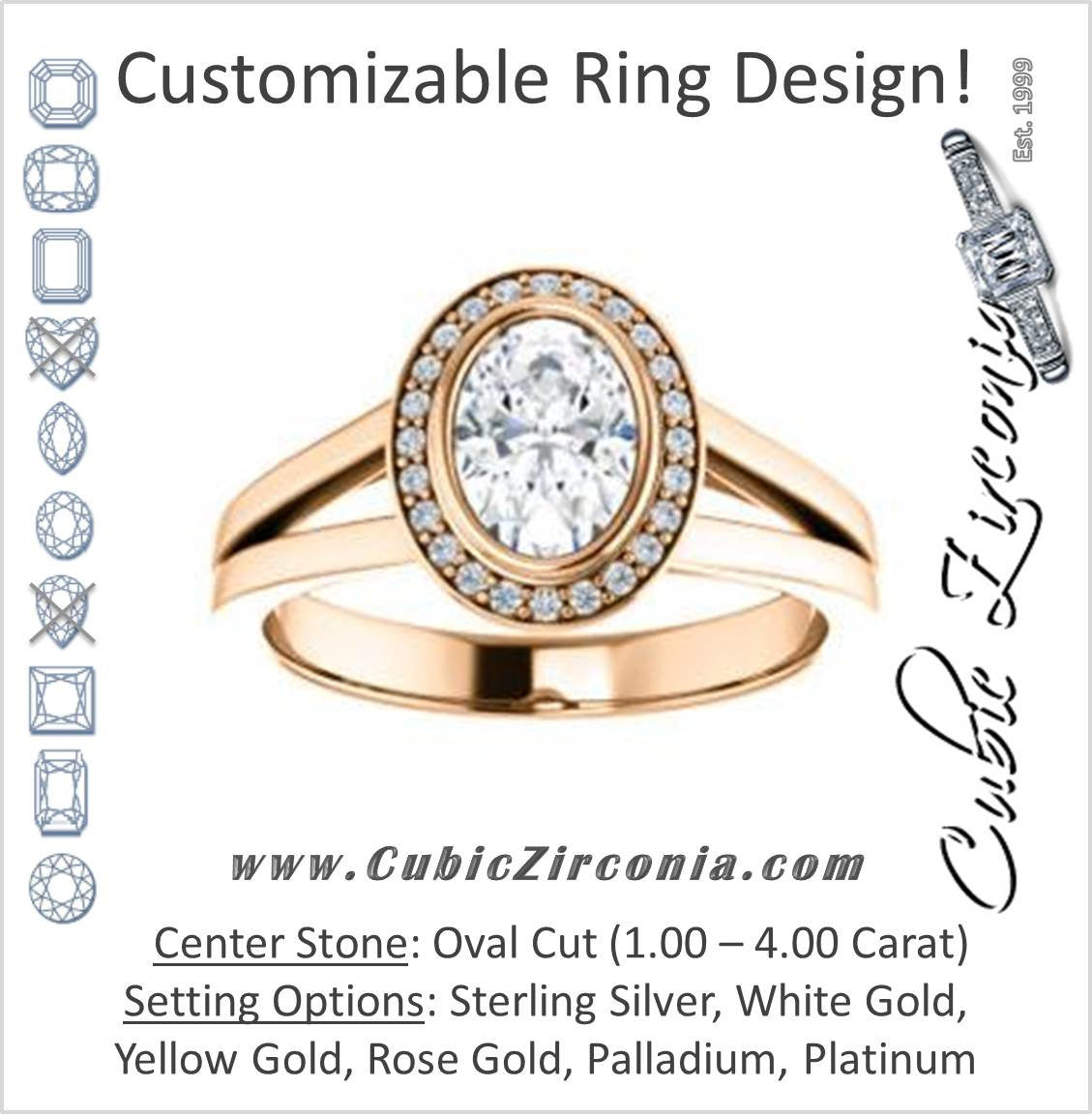 Cubic Zirconia Engagement Ring- The Blondie (Customizable Bezel-set Cathedral-style Oval Cut with Halo Style and V-Split Band)