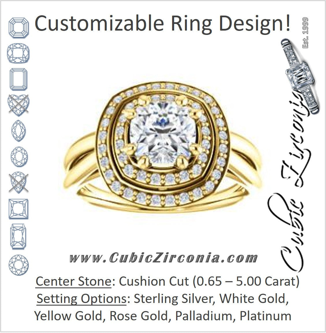 Cubic Zirconia Engagement Ring- The Brielle (Customizable Cushion Cut Cathedral Double-Halo with Curved Split-Band)