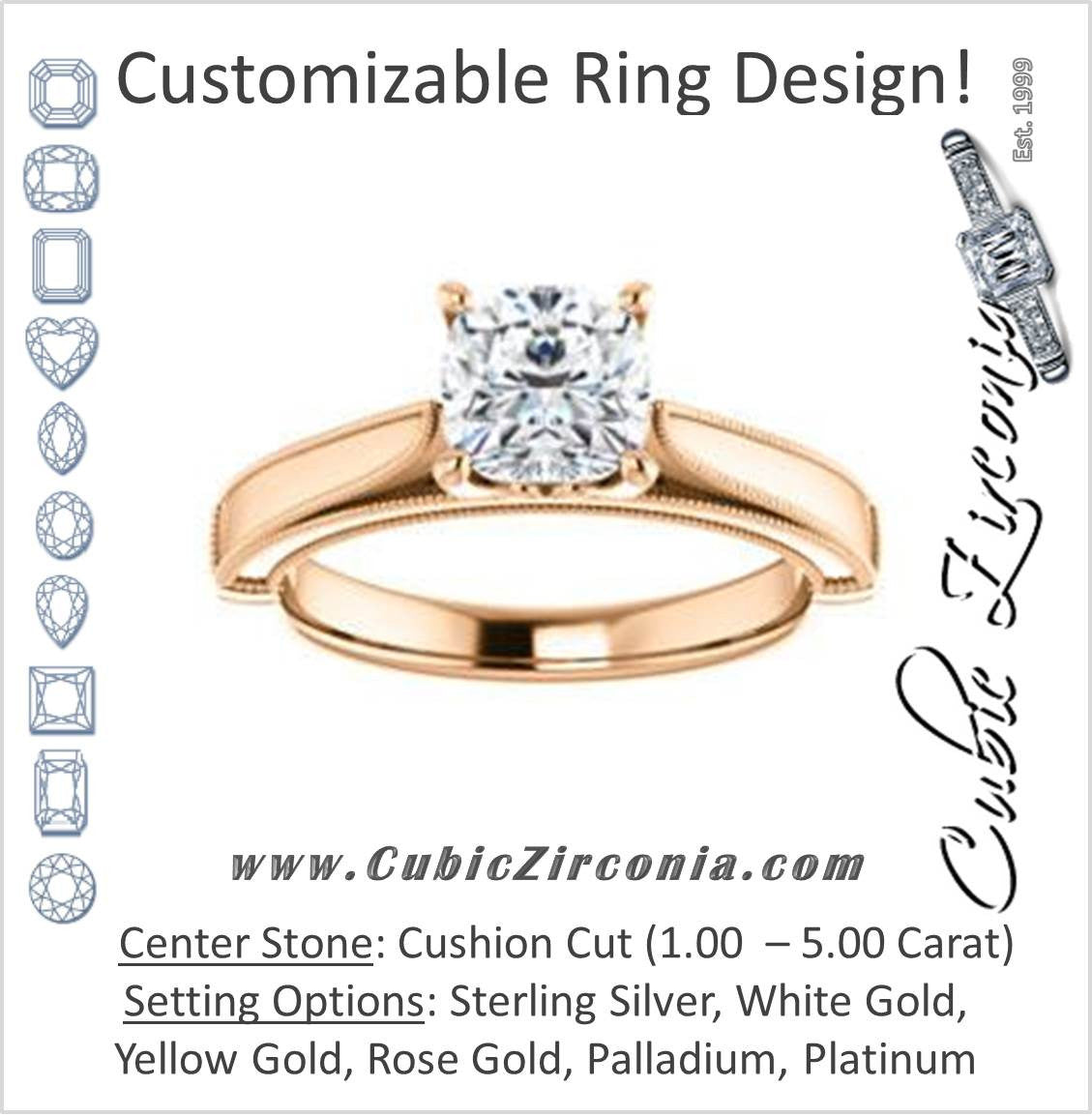Cubic Zirconia Engagement Ring- The Britney (Customizable Cushion Cut Decorative-Pronged Cathedral Solitaire with Fine Milgrain Band)