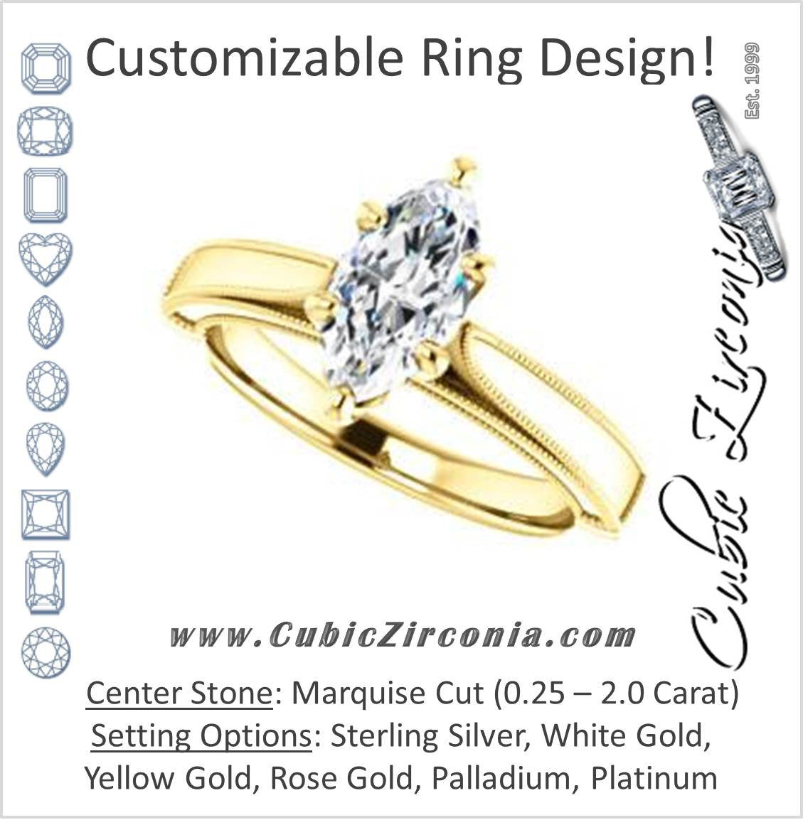 Cubic Zirconia Engagement Ring- The Britney (Customizable Marquise Cut Decorative-Pronged Cathedral Solitaire with Fine Milgrain Band)