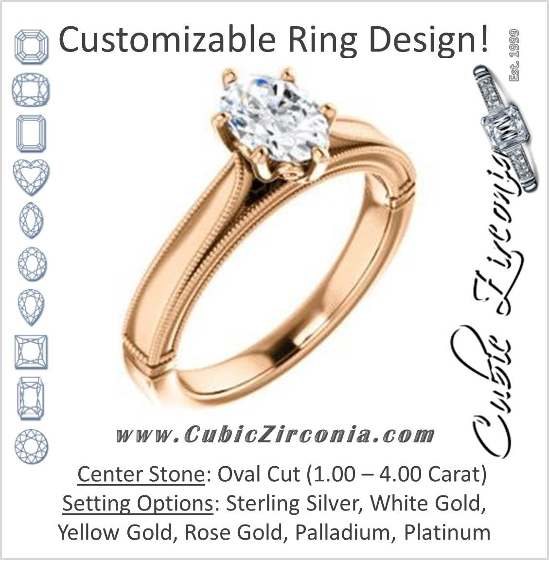 Cubic Zirconia Engagement Ring- The Britney (Customizable Oval Cut Decorative-Pronged Cathedral Solitaire with Fine Milgrain Band)