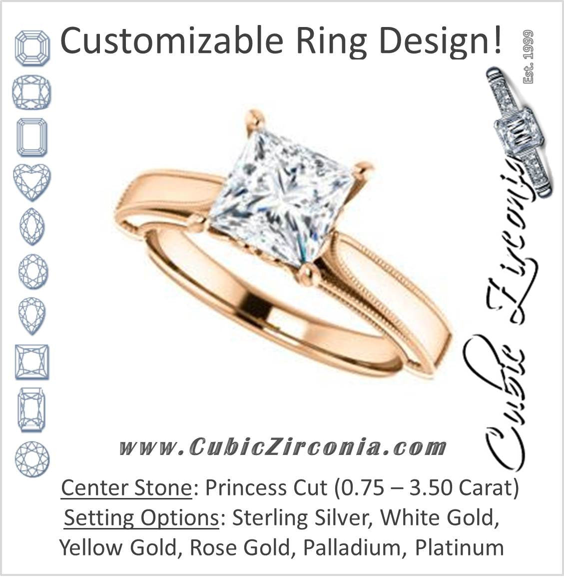 Cubic Zirconia Engagement Ring- The Britney (Customizable Princess Cut Decorative-Pronged Cathedral Solitaire with Fine Milgrain Band)