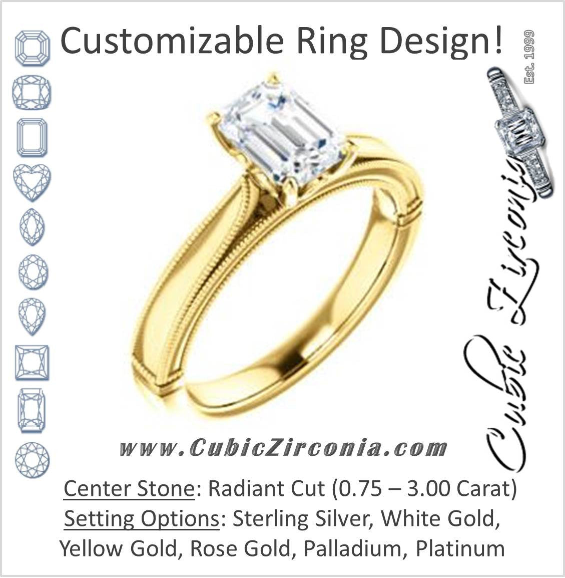 Cubic Zirconia Engagement Ring- The Britney (Customizable Radiant Cut Decorative-Pronged Cathedral Solitaire with Fine Milgrain Band)