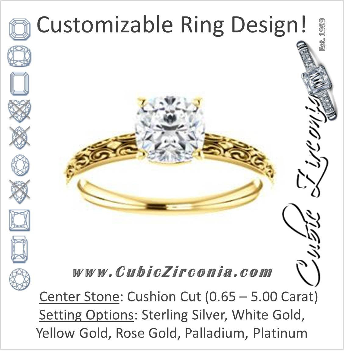 Cubic Zirconia Engagement Ring- The Brittney (Customizable Cushion Cut Solitaire with Scrolled Engraving)