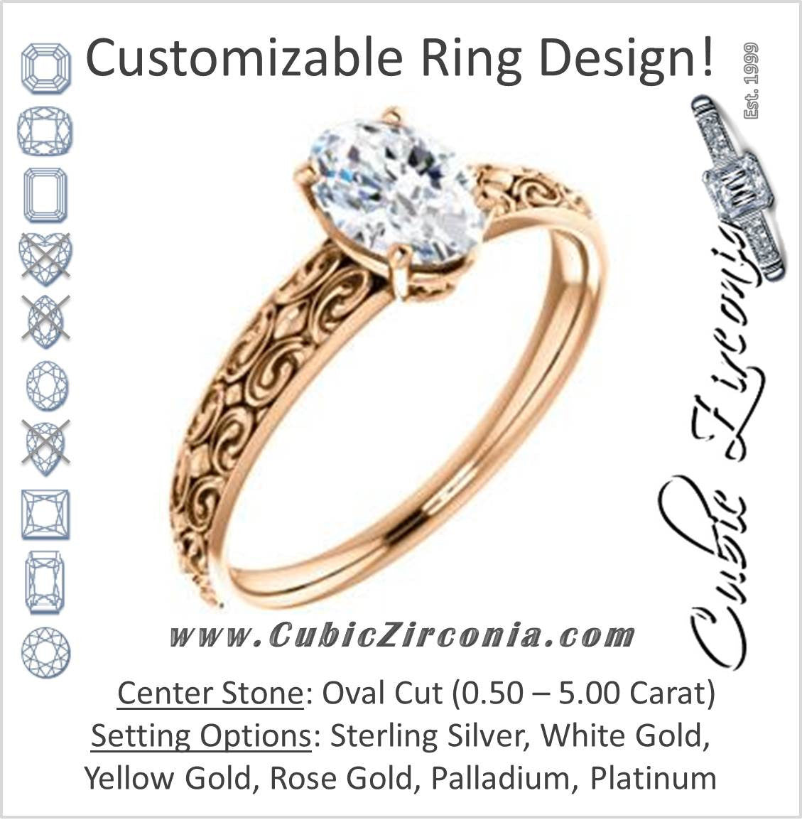 Cubic Zirconia Engagement Ring- The Brittney (Customizable Oval Cut Solitaire with Scrolled Engraving)