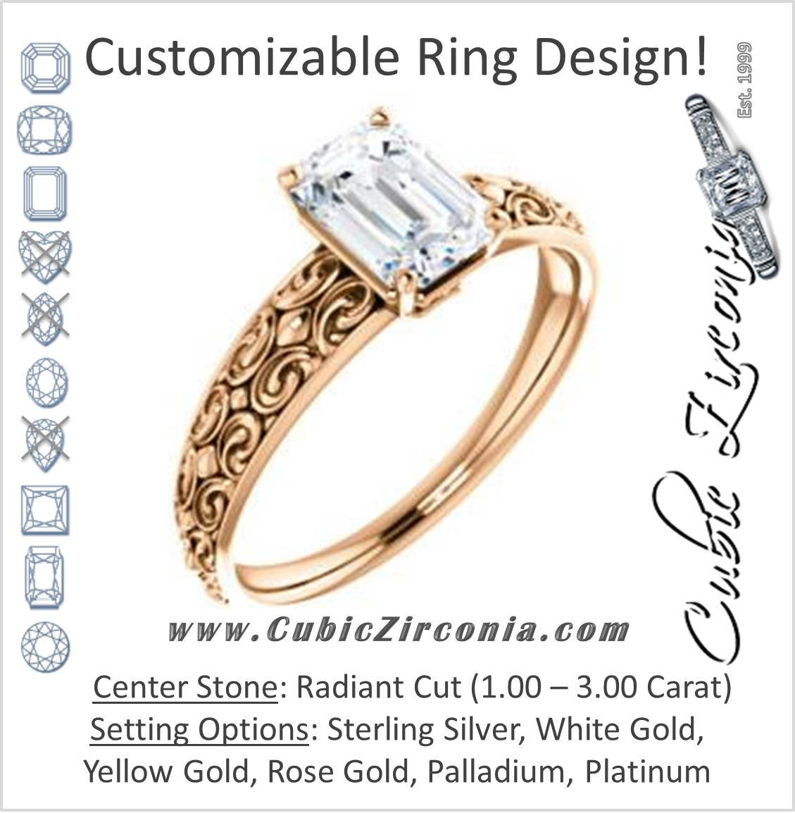 Cubic Zirconia Engagement Ring- The Brittney (Customizable Radiant Cut Solitaire with Scrolled Engraving)