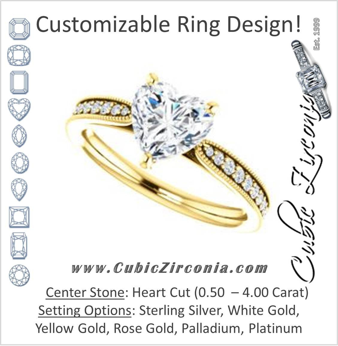 Cubic Zirconia Engagement Ring- The Brooklynn (Customizable Heart Cut with Cathedral Setting and Milgrained Pavé Band)