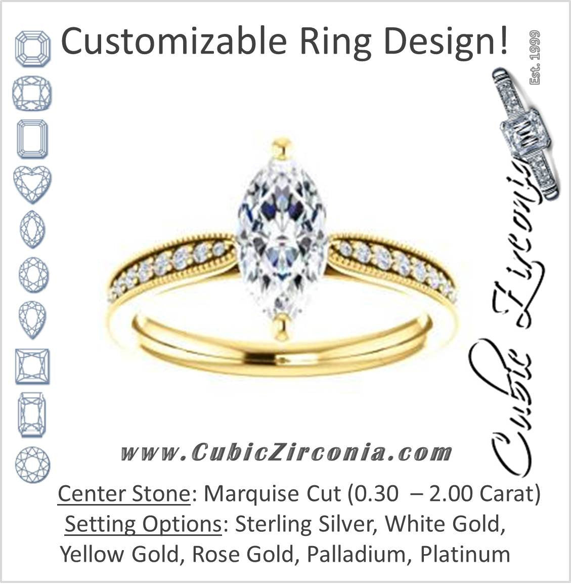Cubic Zirconia Engagement Ring- The Brooklynn (Customizable Marquise Cut with Cathedral Setting and Milgrained Pavé Band)