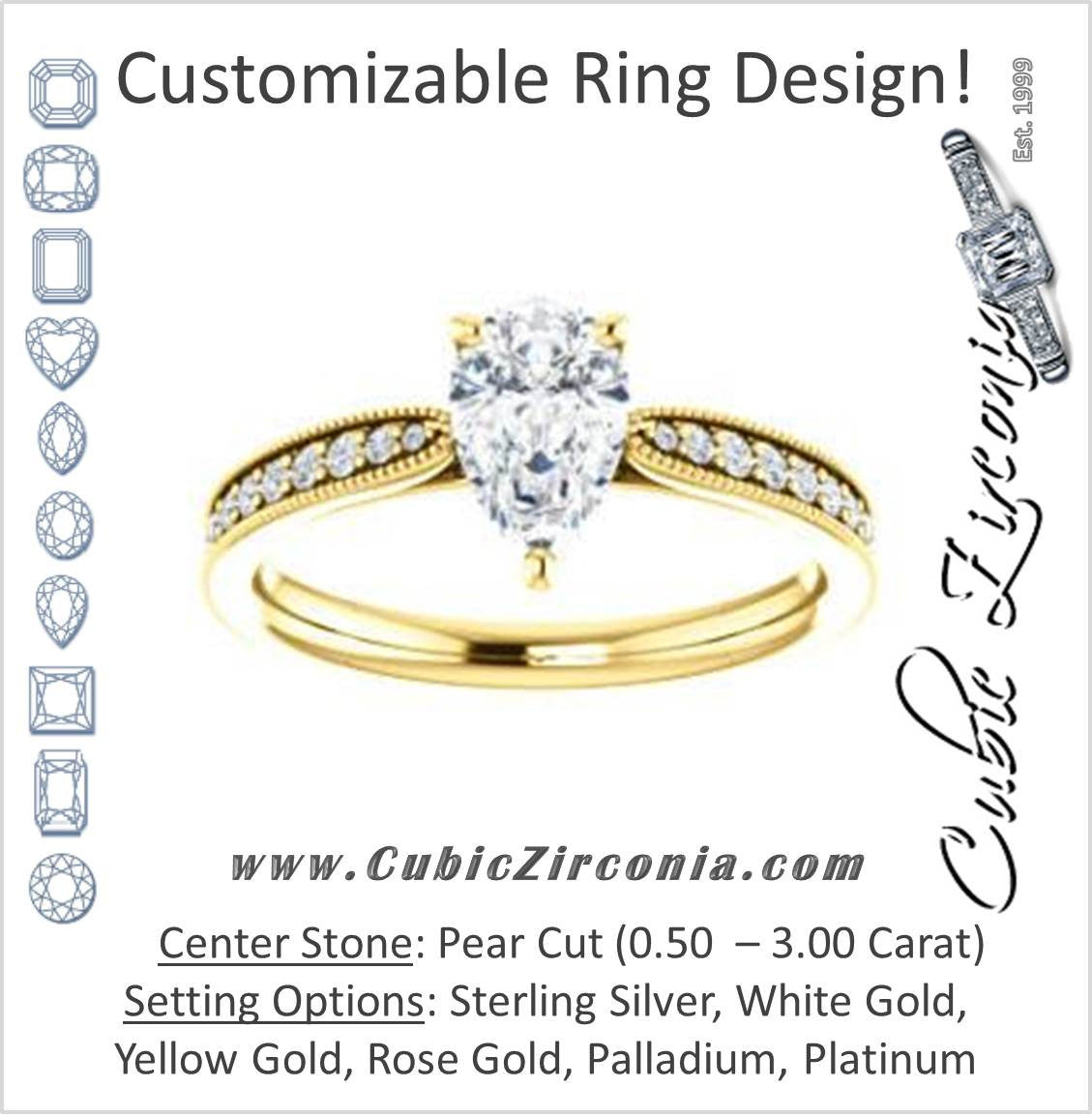 Cubic Zirconia Engagement Ring- The Brooklynn (Customizable Pear Cut with Cathedral Setting and Milgrained Pavé Band)