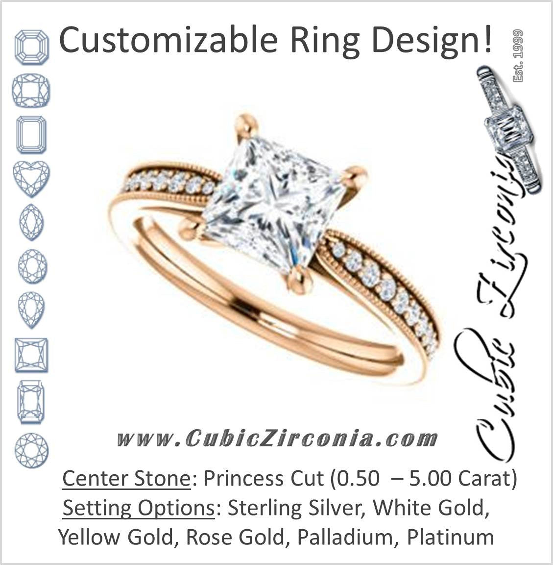Cubic Zirconia Engagement Ring- The Brooklynn (Customizable Princess Cut with Cathedral Setting and Milgrained Pavé Band)