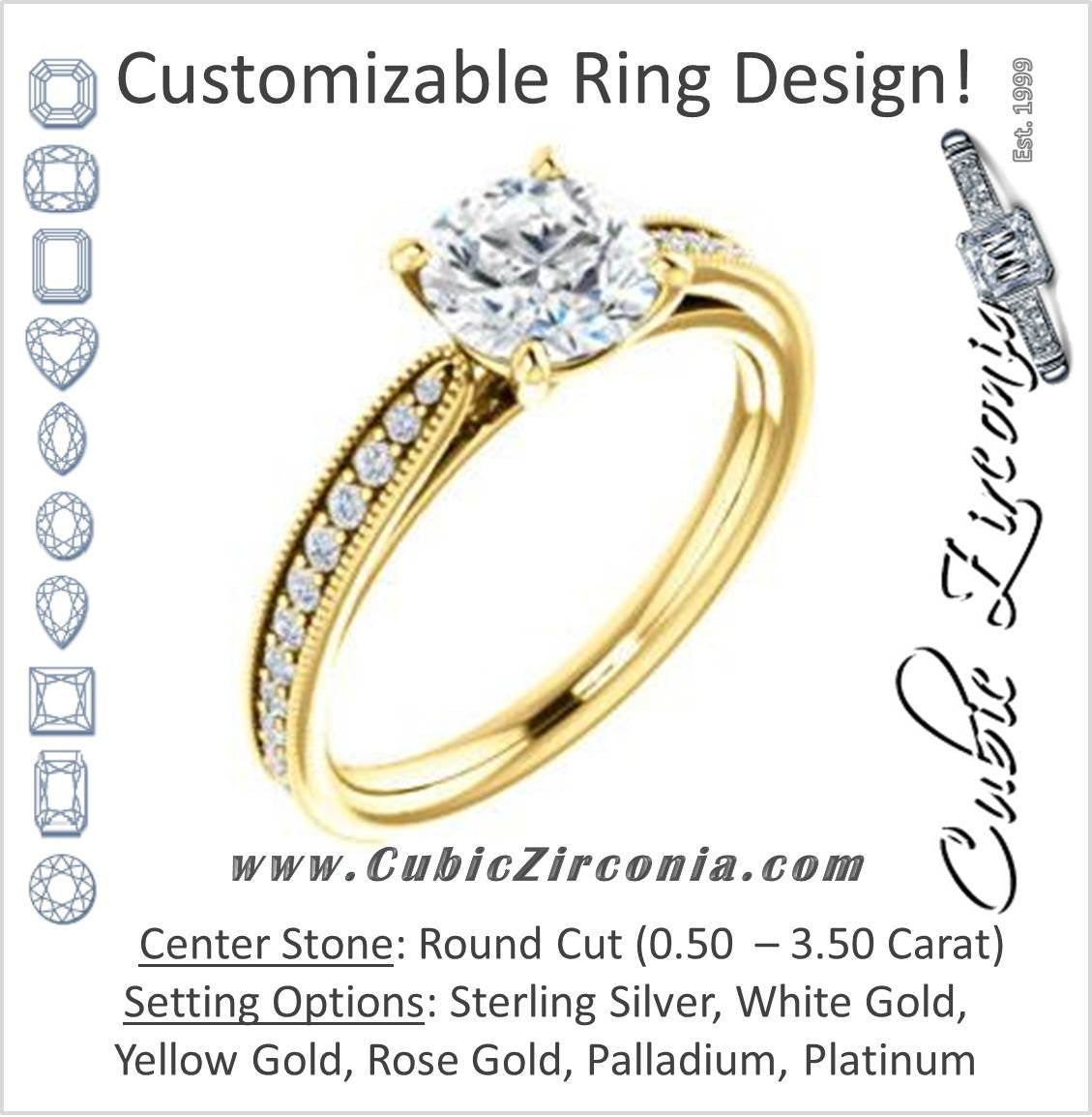 Cubic Zirconia Engagement Ring- The Brooklynn (Customizable Round Cut with Cathedral Setting and Milgrained Pavé Band)