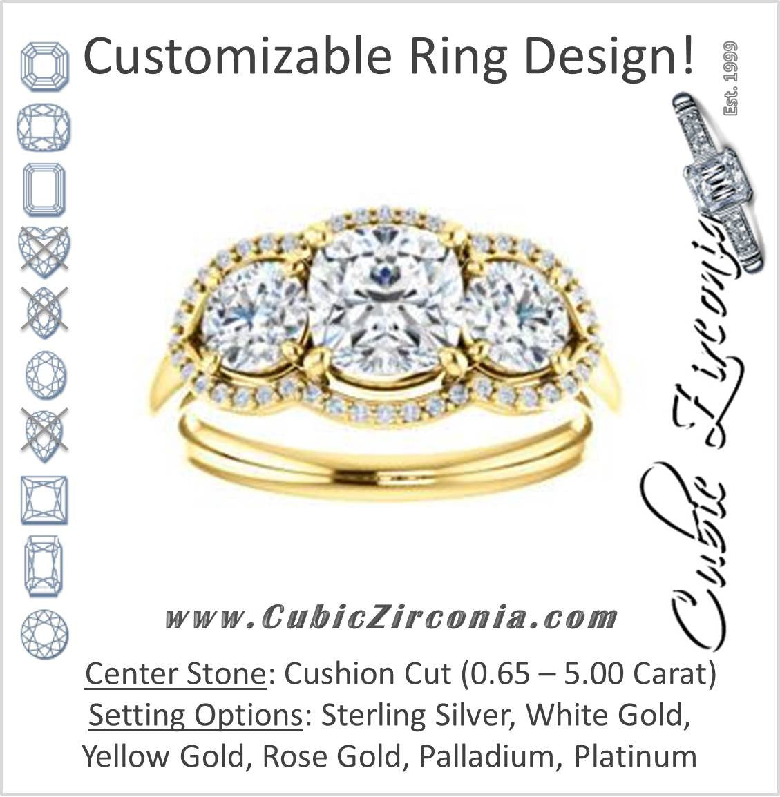 Cubic Zirconia Engagement Ring- The Camila (Customizable Cushion Cut Enhanced 3-stone Design with Halos)