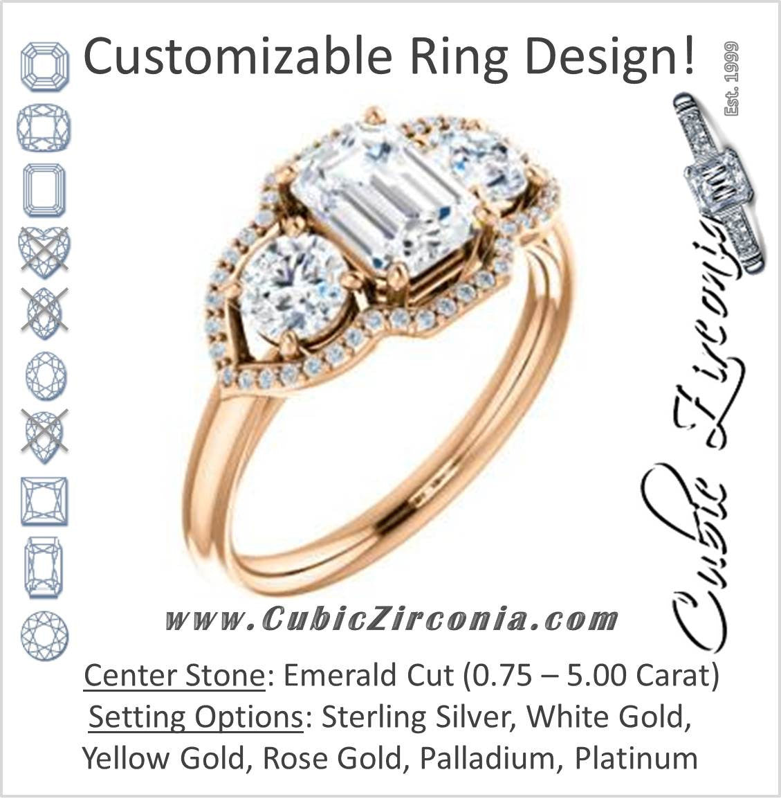 Cubic Zirconia Engagement Ring- The Camila (Customizable Emerald Cut Enhanced 3-stone Design with Halos)