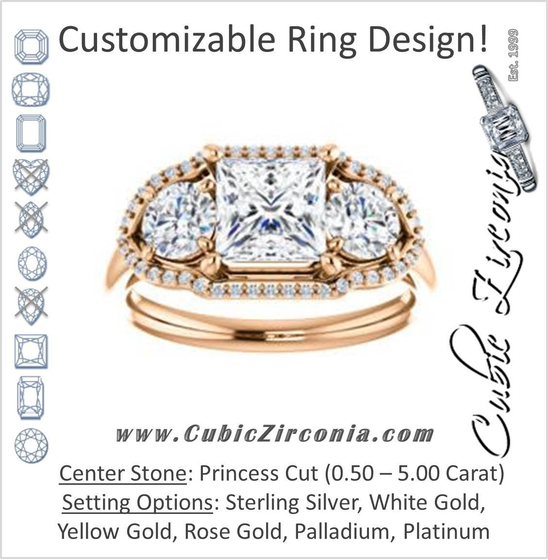Cubic Zirconia Engagement Ring- The Camila (Customizable Princess Cut Enhanced 3-stone Design with Halos)